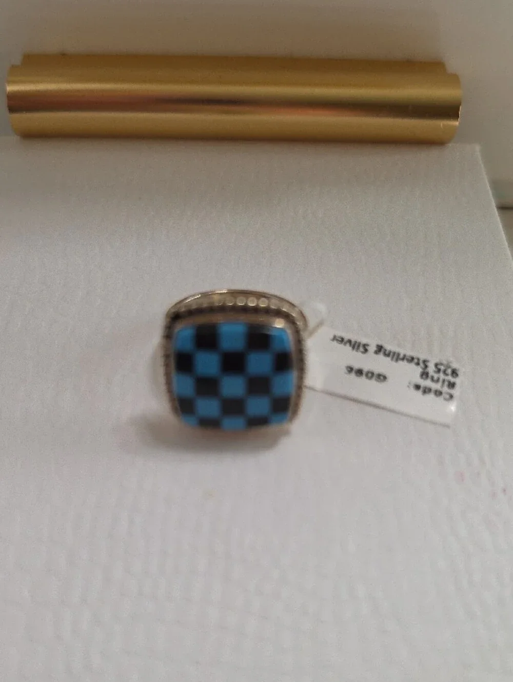 925 Sterling Silver Men's Checkerboard Inlay Ring Size 8